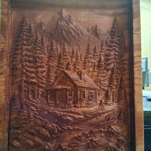 3d Wooden Cabin and Mountain Carving